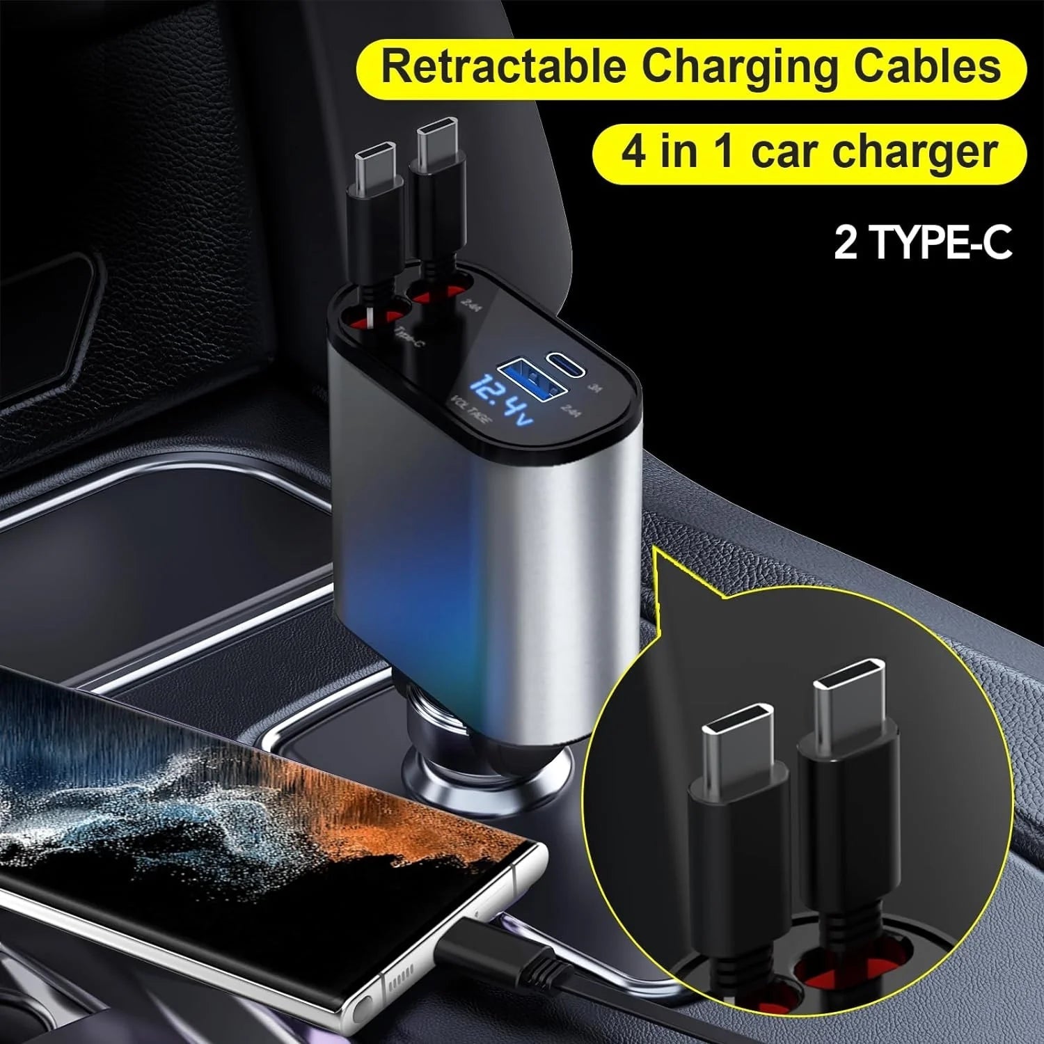 Car Charger, 4 in 1 Fast Car Phone Charger 66W, Retractable Cables and USB Car Charger,Compatible with Iphone 15/14/13/12/11,Galaxy,Pixel