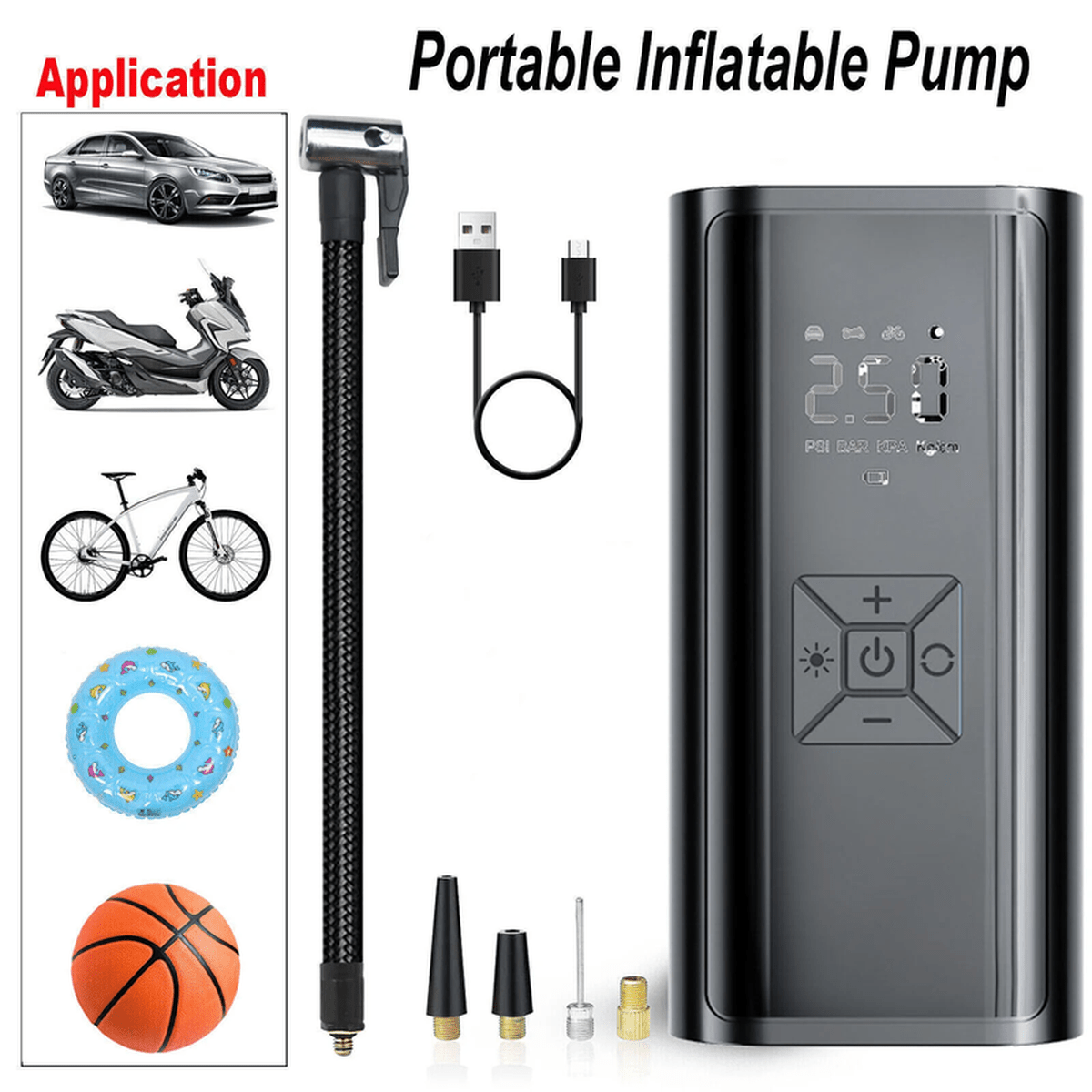 Electric Air Compressor Cordless Rechargeable Car Bike Ball Pump Tire Inflator