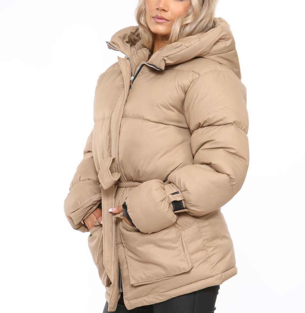 Womens Ladies Quilted Padded Winter Jacket Belt Puffer Zip Thick Warm Coat XS-XL