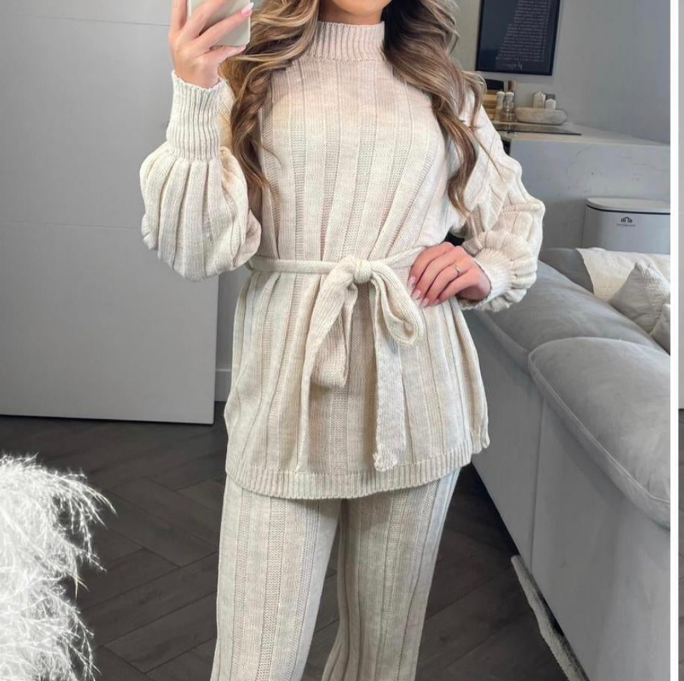 Ladies Women Two Piece High Neck Belted Knitted Set Loungewear Tracksuit Set