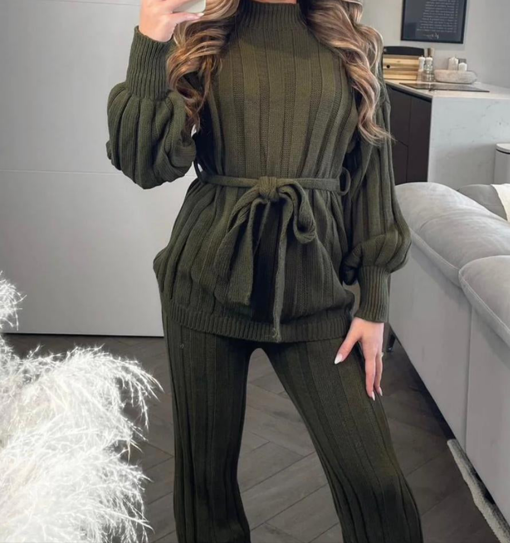 Ladies Women Two Piece High Neck Belted Knitted Set Loungewear Tracksuit Set