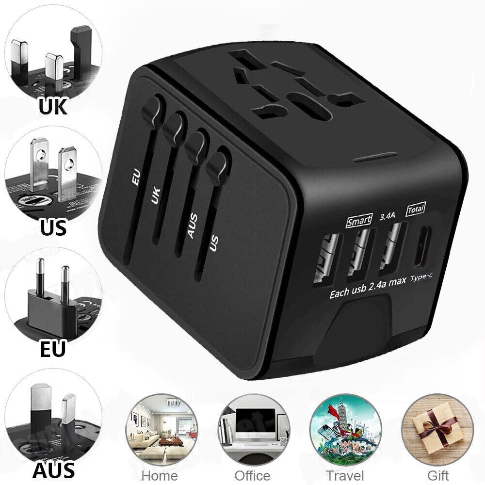 Universal Travel Adapter World Wide Use Multi Plug Charger UK EU AU US USB Ports