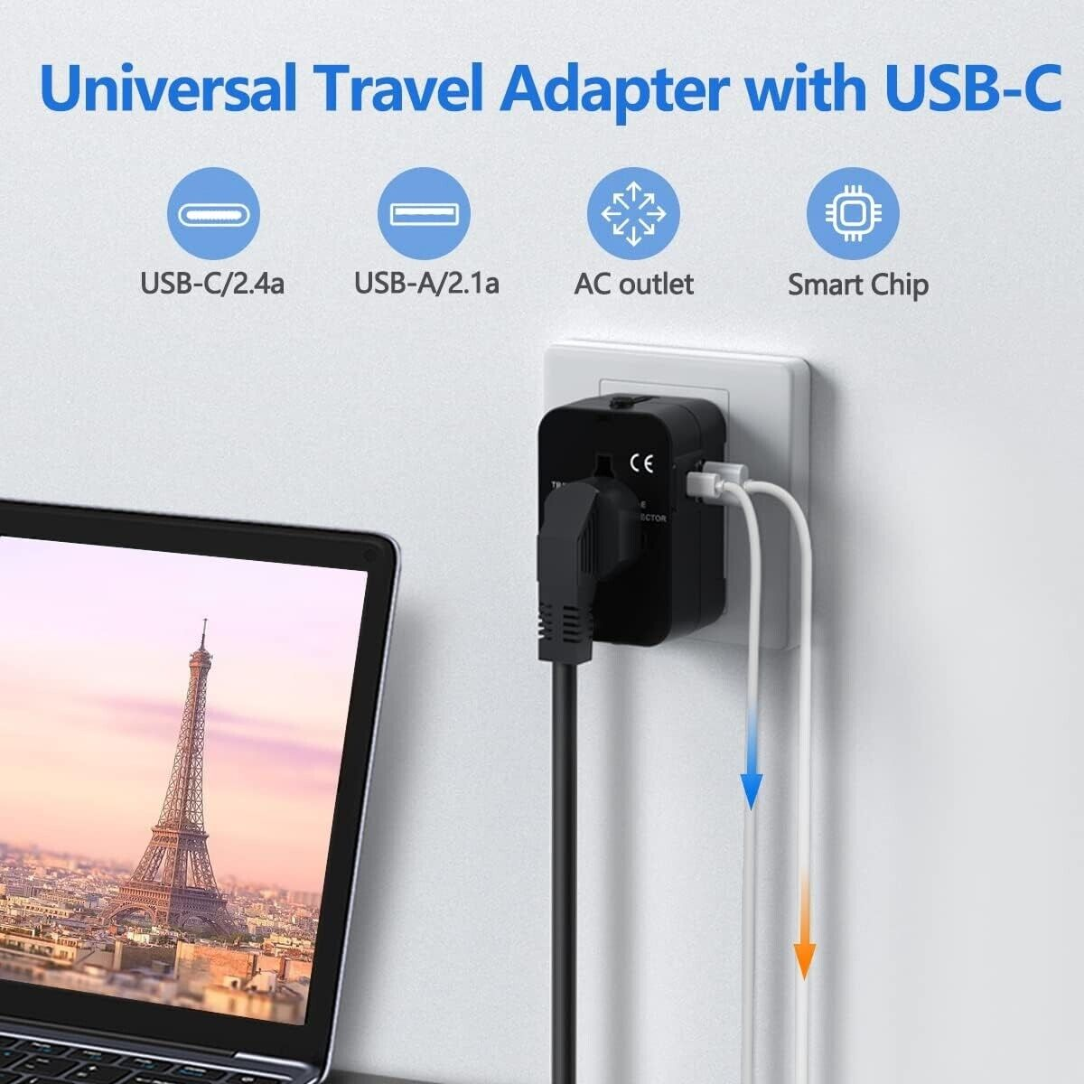 Universal Travel Adapter Worldwide Plug UK EU AU US with USB-C Port Fast Charger