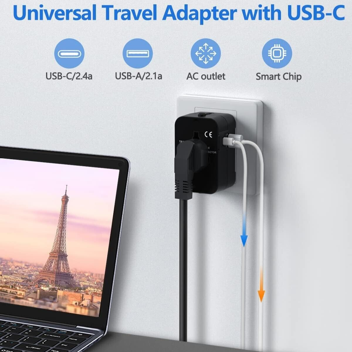 Universal Travel Adapter Worldwide Plug UK EU AU US with USB-C Port Fast Charger