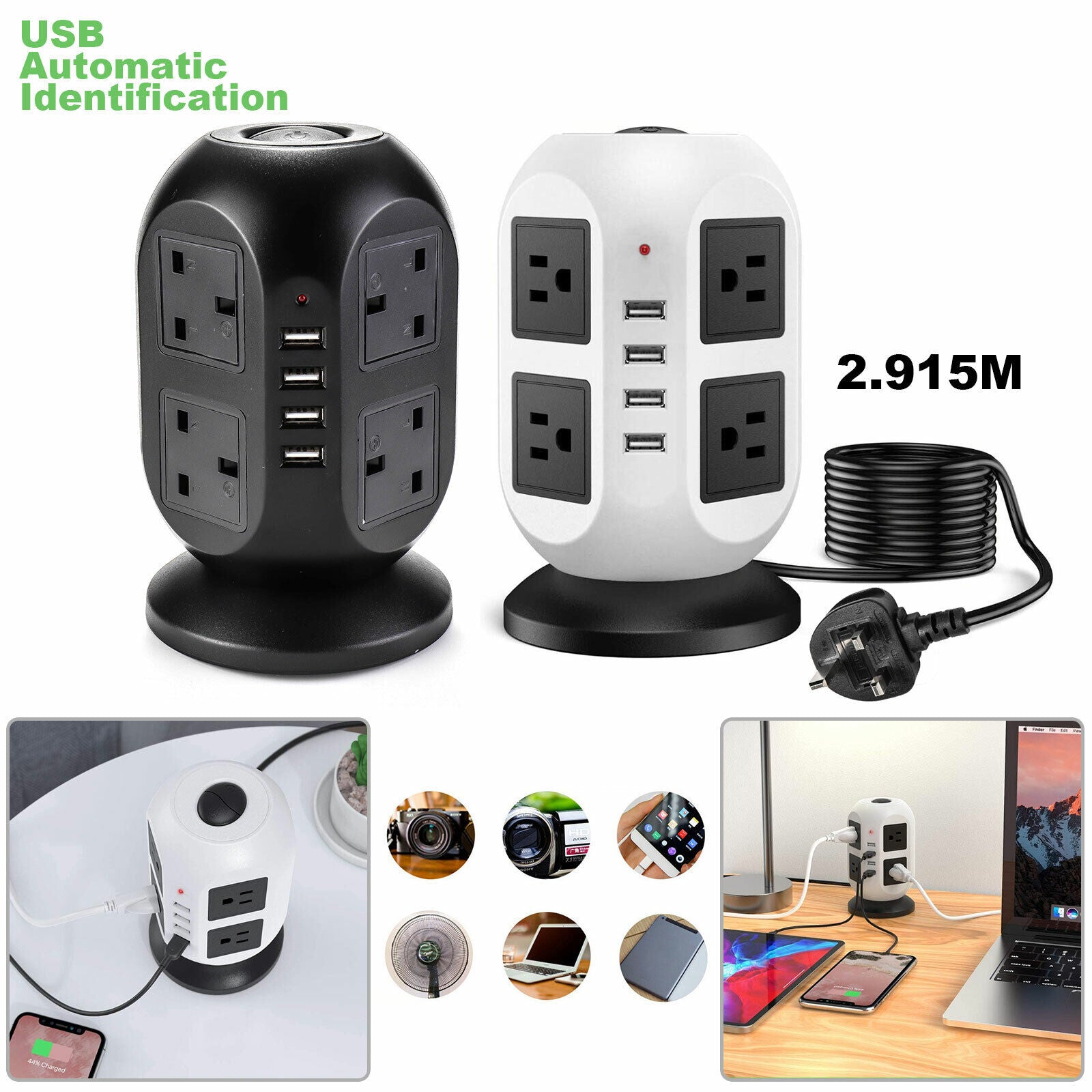 Extension 8 Way Tower Power Lead USB Multi Socket Surge Protected Socket UK