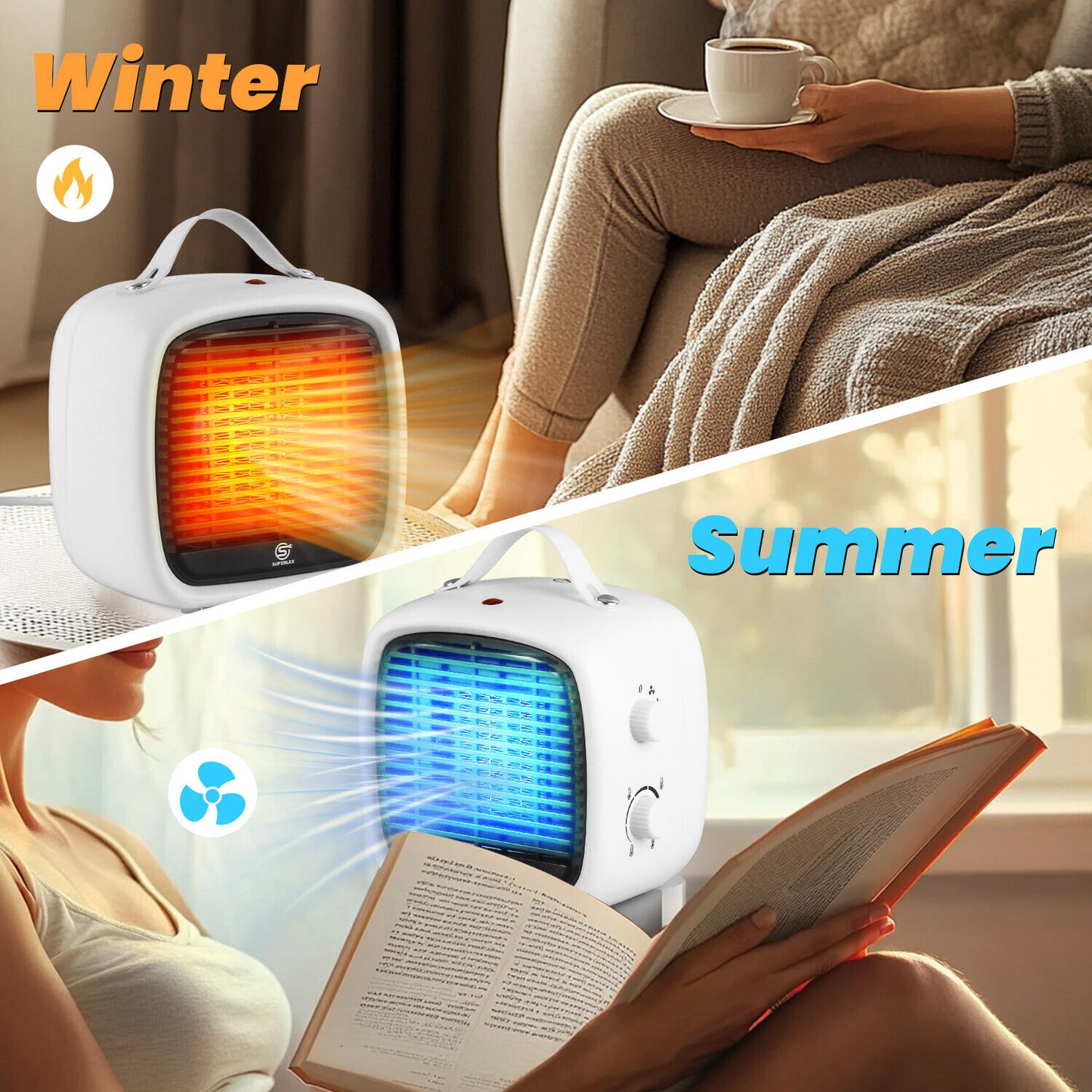 2 Setting Portable Desk Heater Thermostat Overheat Protection Cool/Warm/Hot Wind