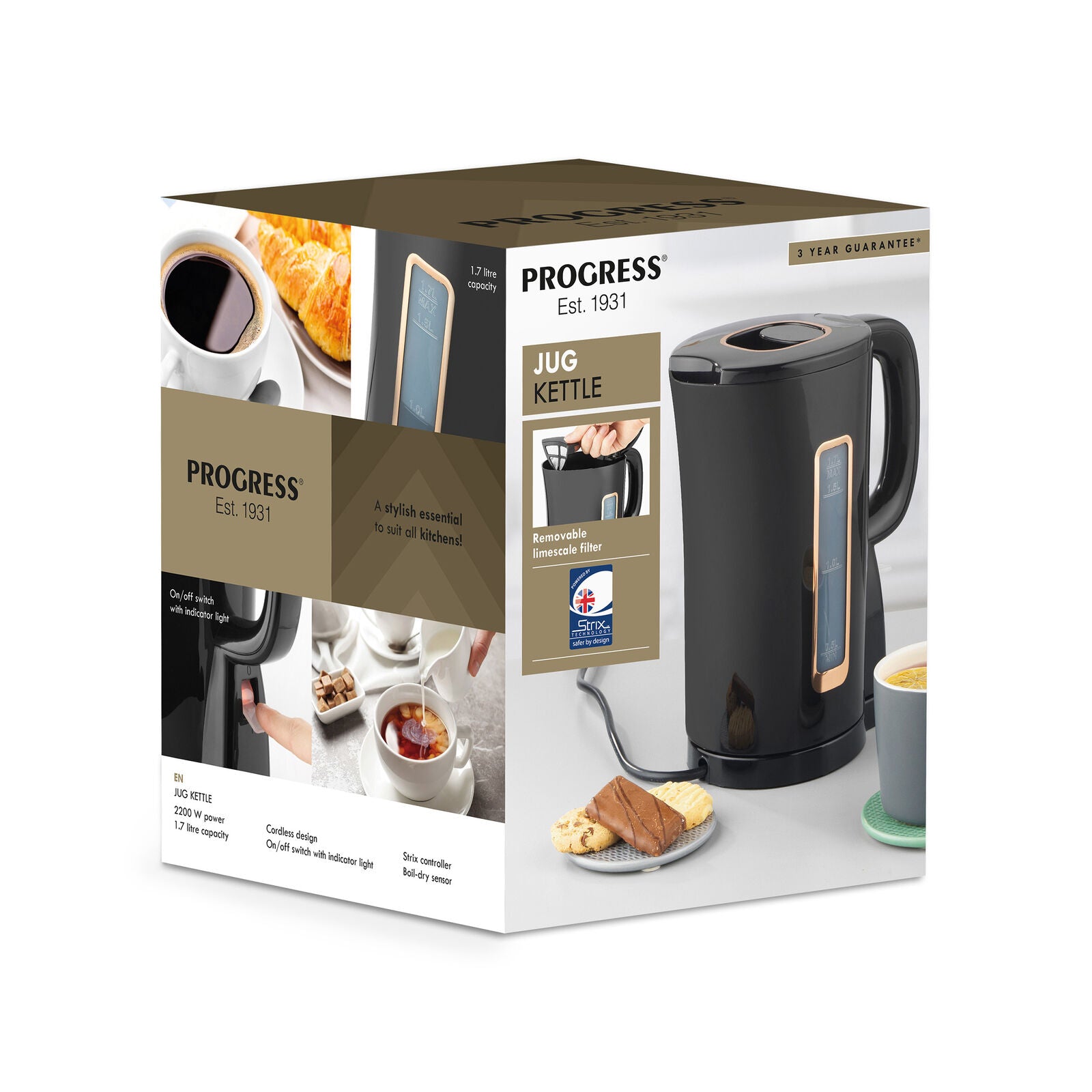 Progress Electric Jug Kettle Cordless Flip-Top Lid, Black & Gold 1.7L (Open Box)