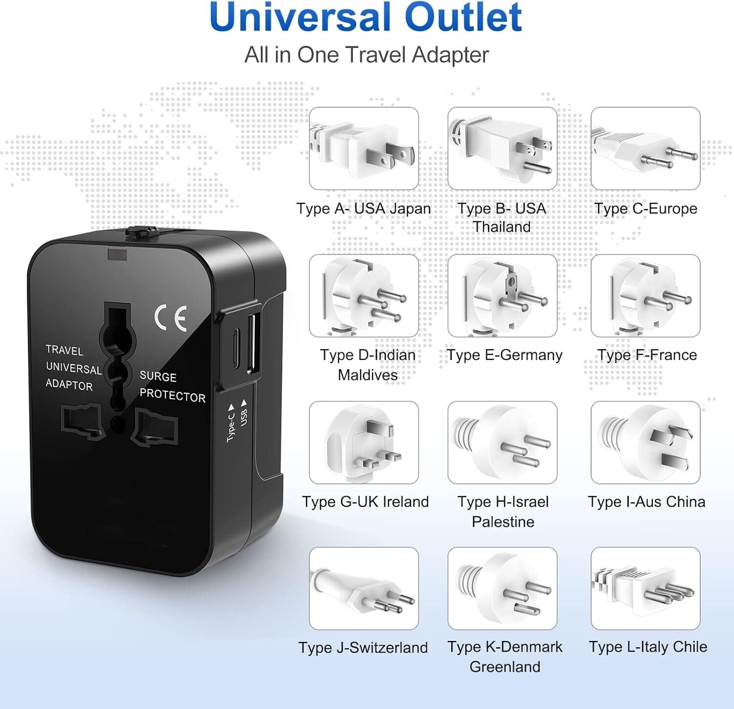 Universal Travel Adapter Worldwide Plug UK EU AU US with USB-C Port Fast Charger