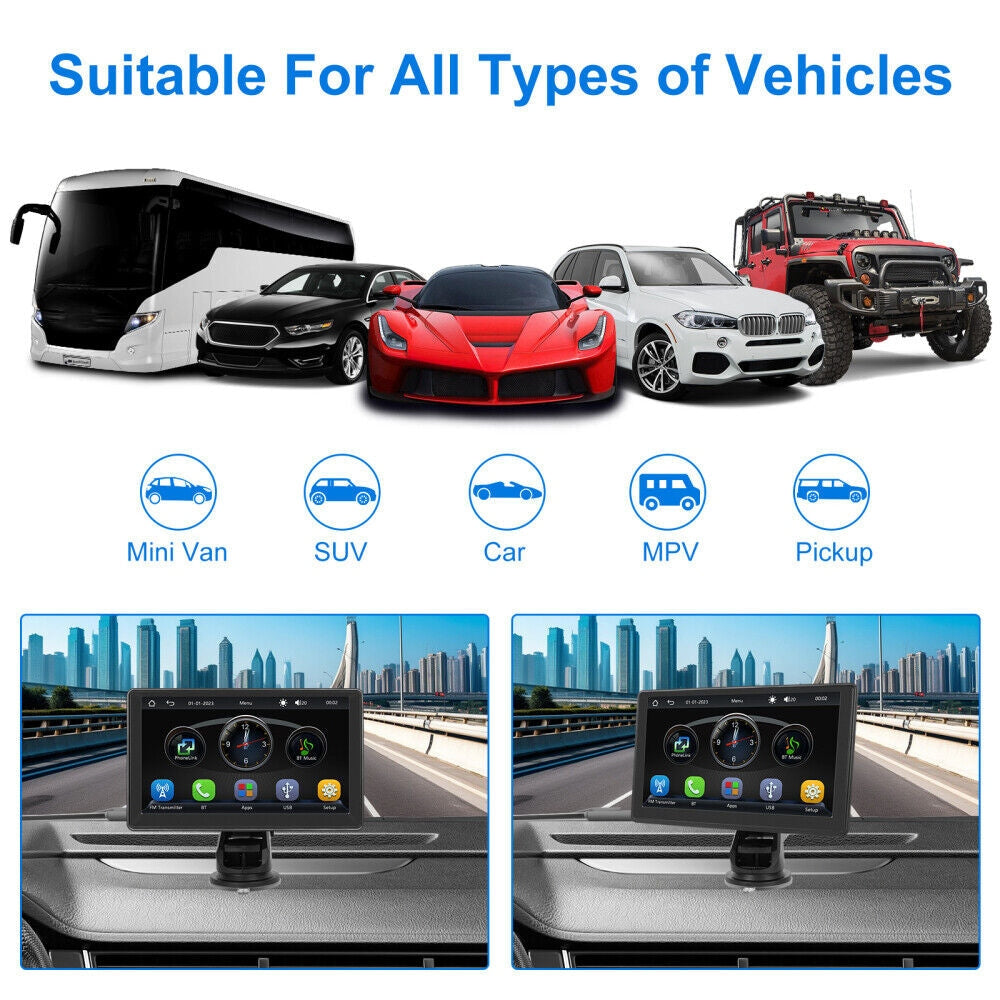 7" Wireless Apple Carplay Android Auto Portable Car Stereo Radio GPS Head Unit