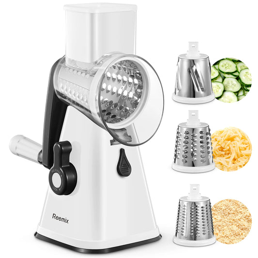 Rotary Cheese Grater,  Rotary Vegetable Slicer, Rotary Kitchen Mandoline Vegetable Slicer with 3 Replaceable Stainless Ste