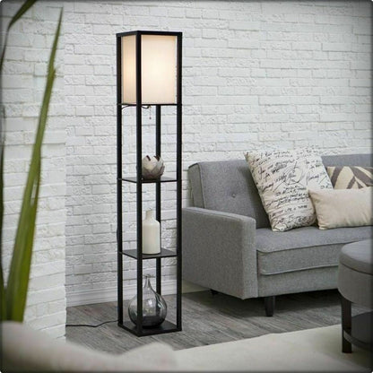 Floor Lamp Free Standing Wood 3-Tier Storage Shelf Reading Bedroom Living Room