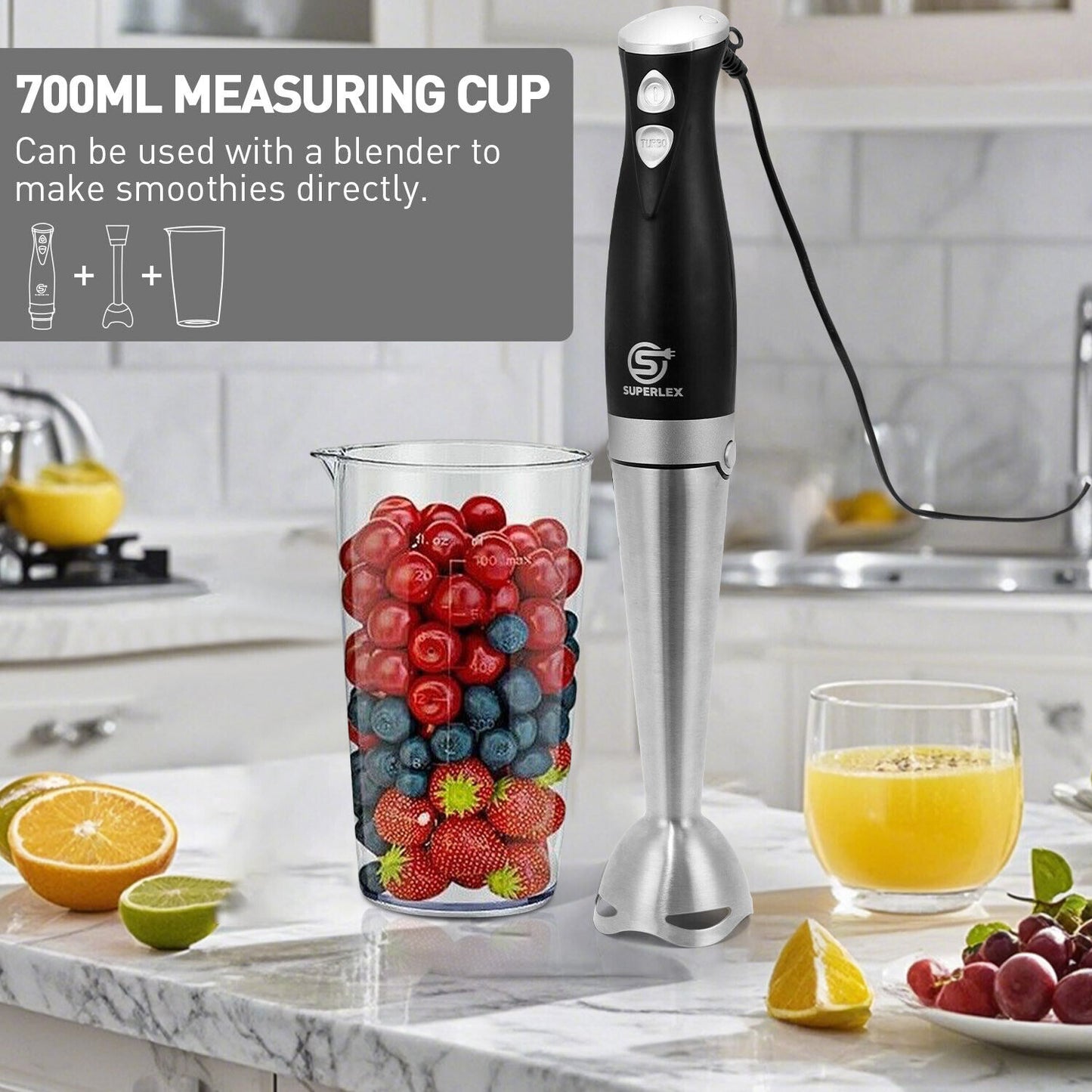 700W 4-In-1 Electric Blender Stick Food Processor Mixer Whisk & Chopper Handheld