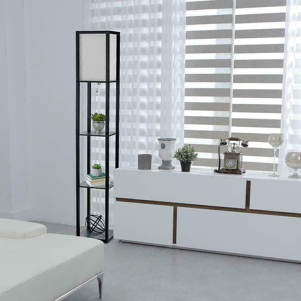 Floor Lamp Free Standing Wood 3-Tier Storage Shelf Reading Bedroom Living Room