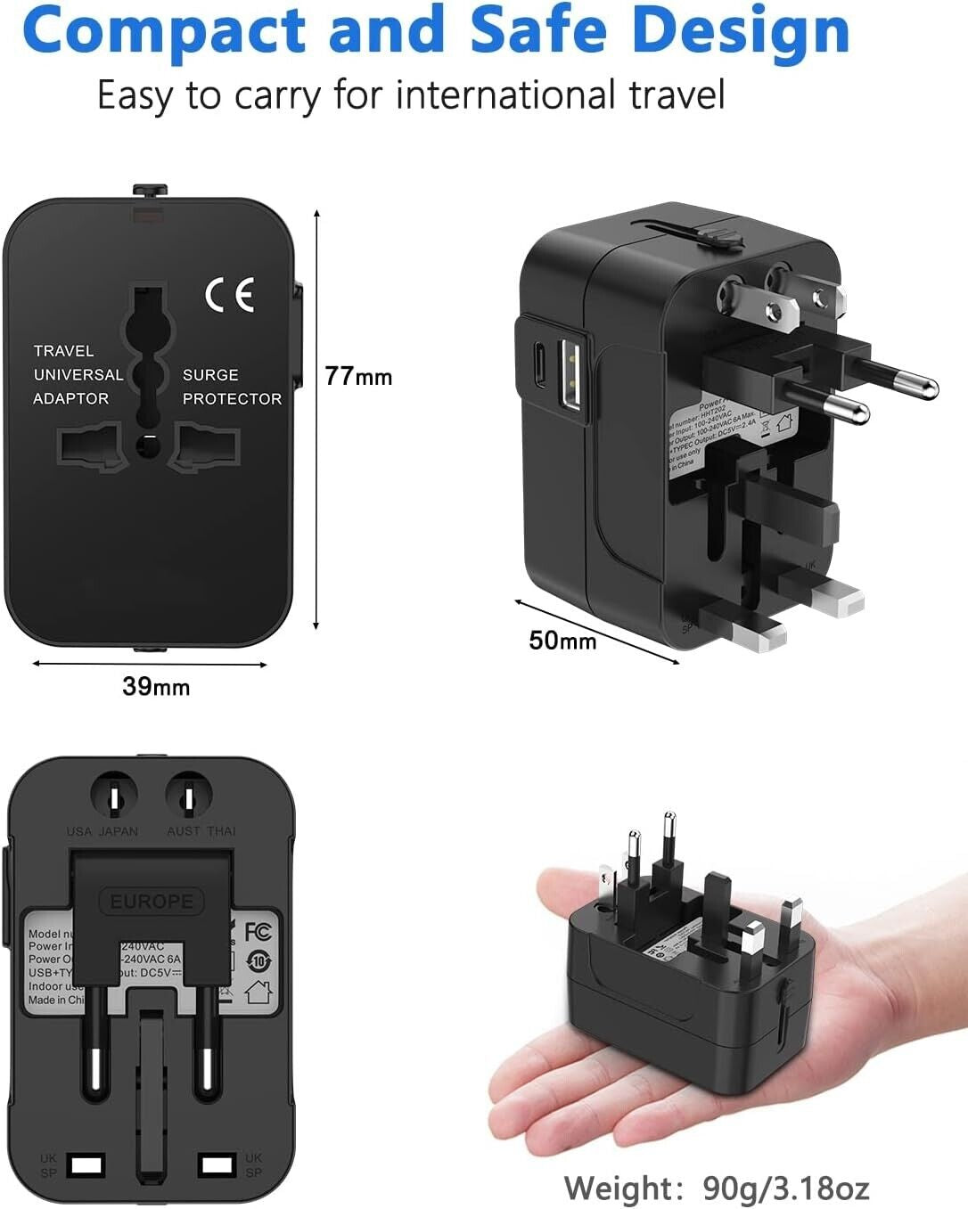 Universal Travel Adapter Worldwide Plug UK EU AU US with USB-C Port Fast Charger