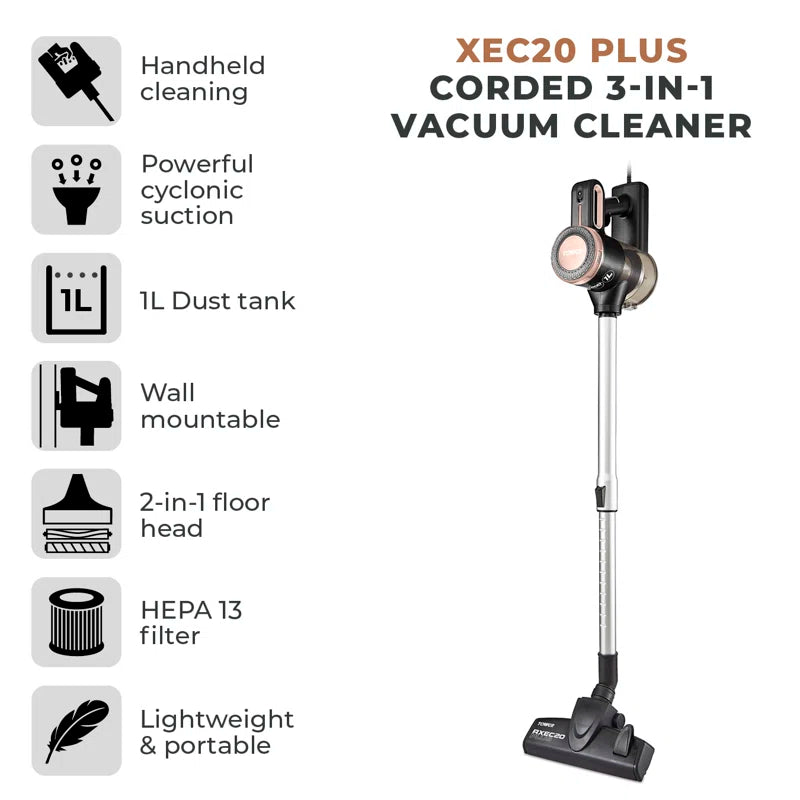 3-In-1 Vacuum Cleaner with Cyclonic Suction, Built-In HEPA 13 and Detachable Handheld Mode, Rose Gold