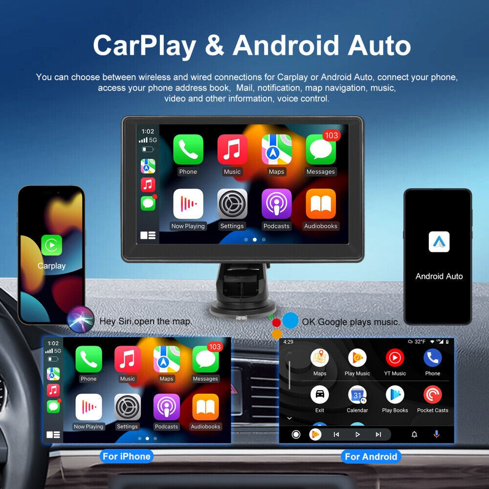 7" Wireless Apple Carplay Android Auto Portable Car Stereo Radio GPS Head Unit