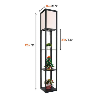 Floor Lamp Free Standing Wood 3-Tier Storage Shelf Reading Bedroom Living Room