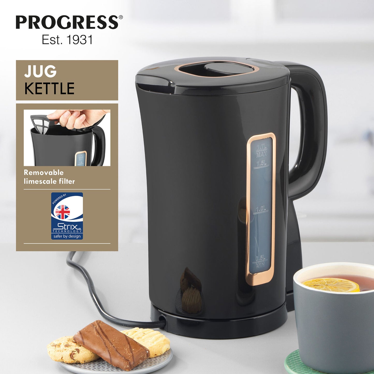 Progress Electric Jug Kettle Cordless Flip-Top Lid, Black & Gold 1.7L (Open Box)