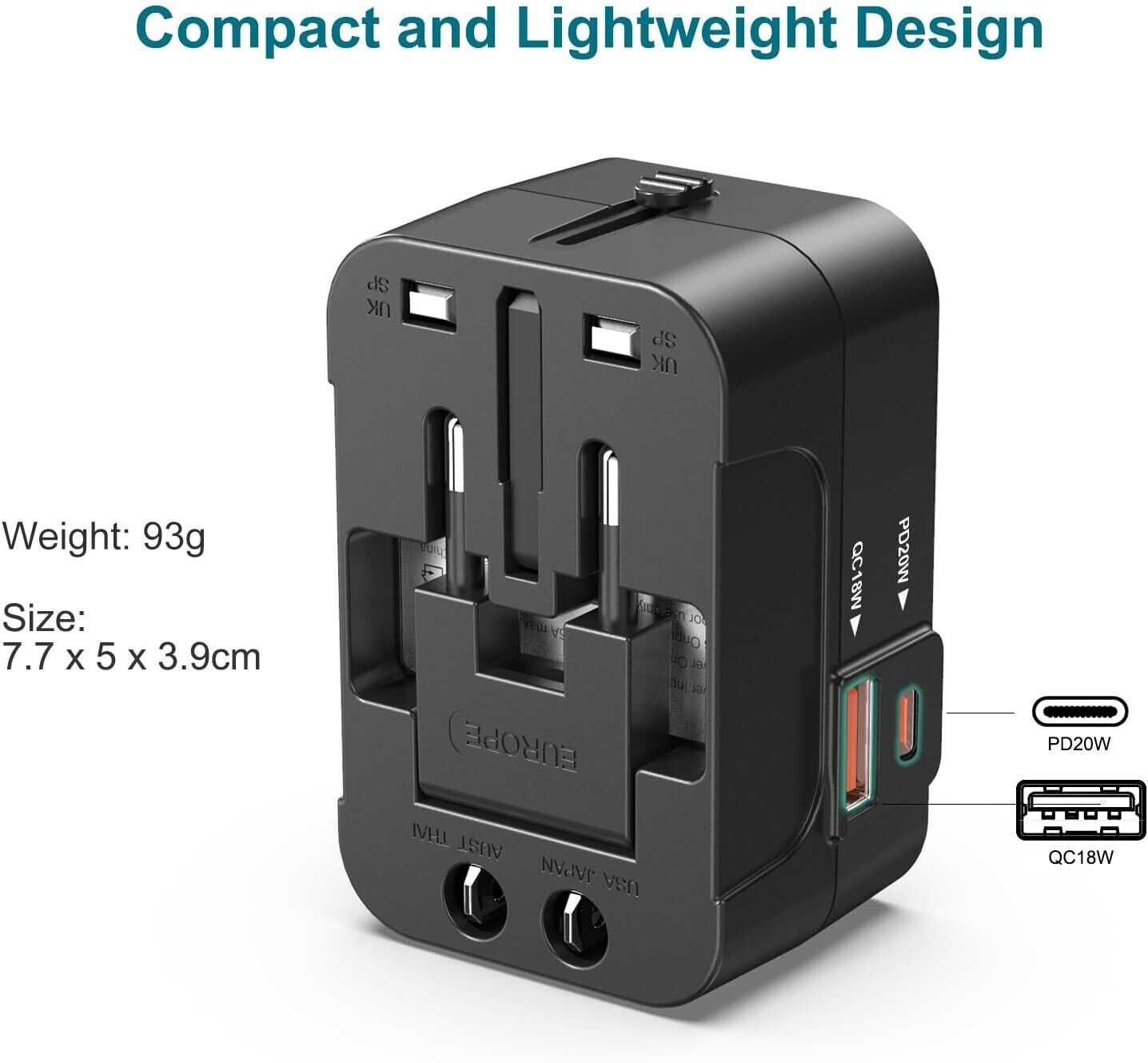 Universal Travel Adapter Worldwide Plug UK EU AU US with USB-C Port Fast Charger