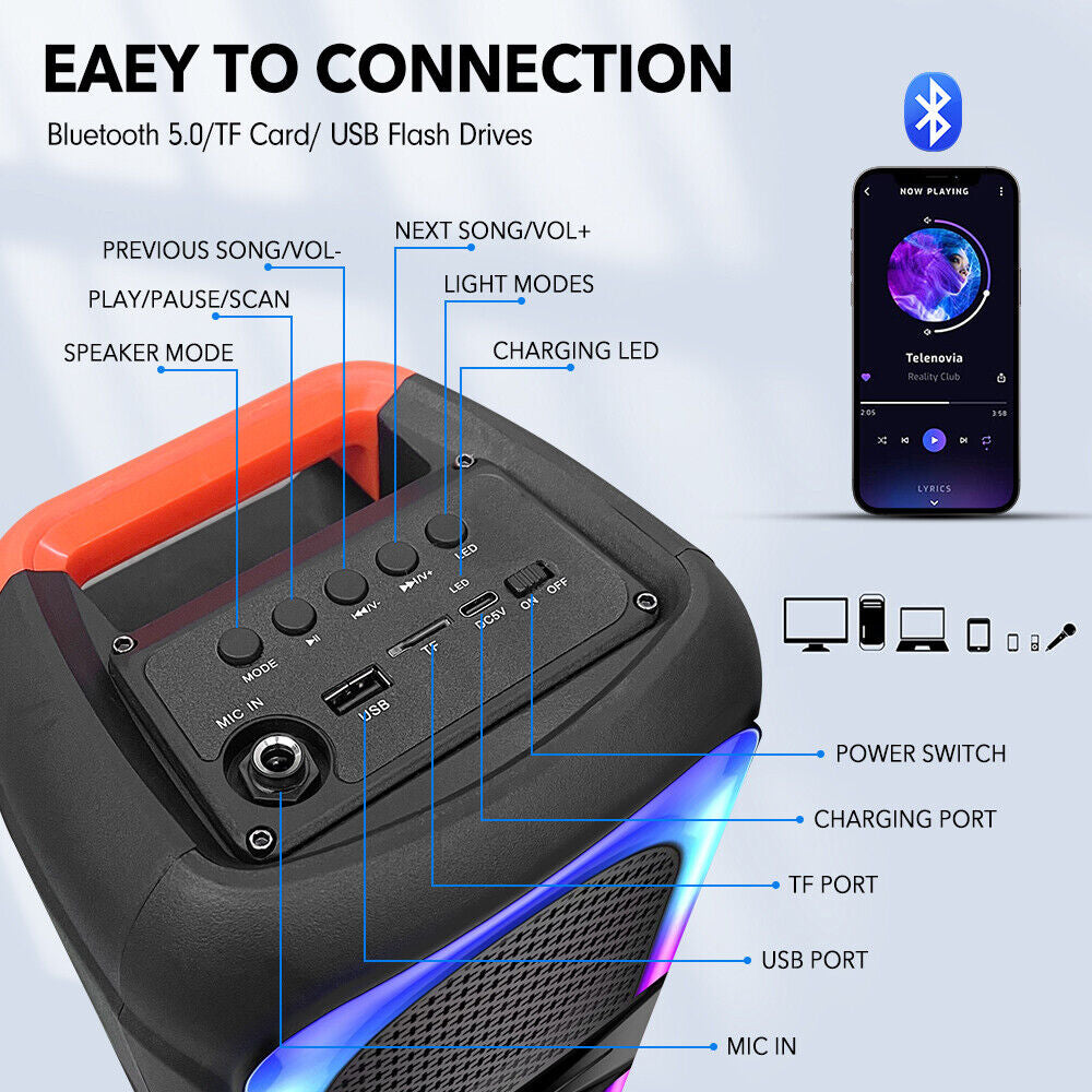 Wireless Bluetooth Party Speaker Subwoofer Bass Stereo Outdoor FM TWS USB RGB