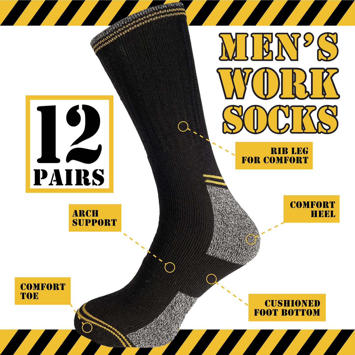 Mens Work Socks Workwear Reinforced Cushion Sole Boot Socks 12 Pairs Size 6-11