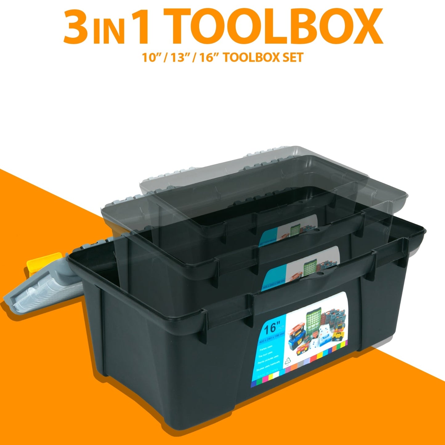 3 PIECE PLASTIC TOOL BOX CHEST SET HANDLE TRAY COMPARTMENT DIY STORAGE TOOLBOX