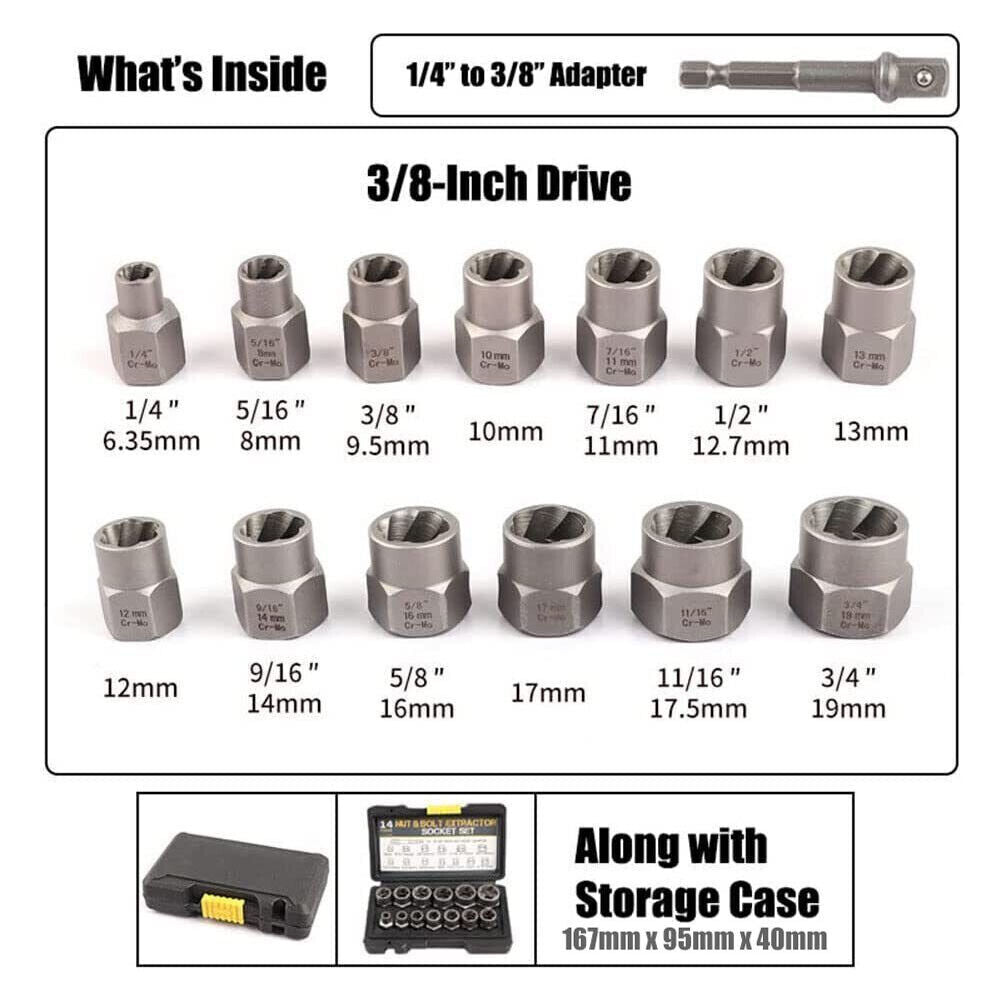 Damaged Impact Screw Removal 14Pcs Bolt Nut Extractor Twist Socket Tool Kit Set