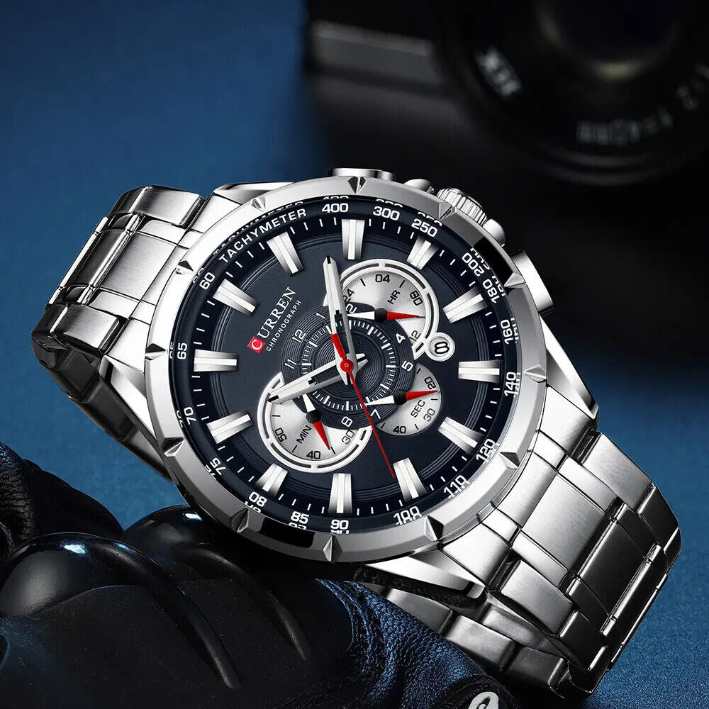 Casual Sport Chronograph Men'S Watches Stainless Steel Band Wristwatch Luminous