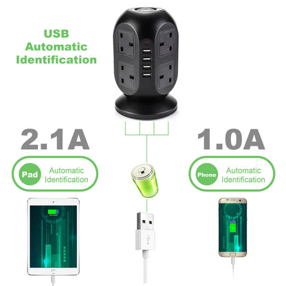 Extension 8 Way Tower Power Lead USB Multi Socket Surge Protected Socket UK