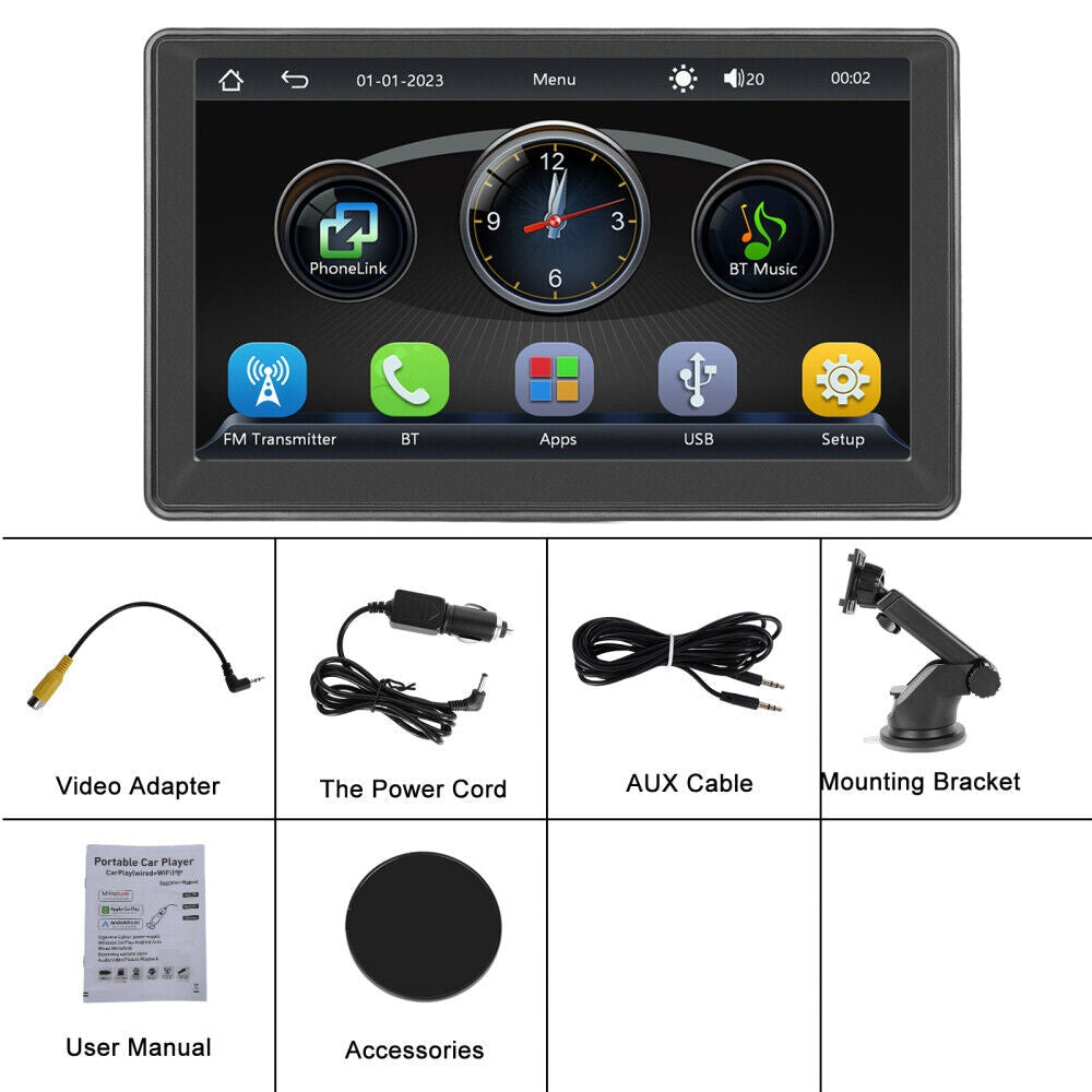 7" Wireless Apple Carplay Android Auto Portable Car Stereo Radio GPS Head Unit