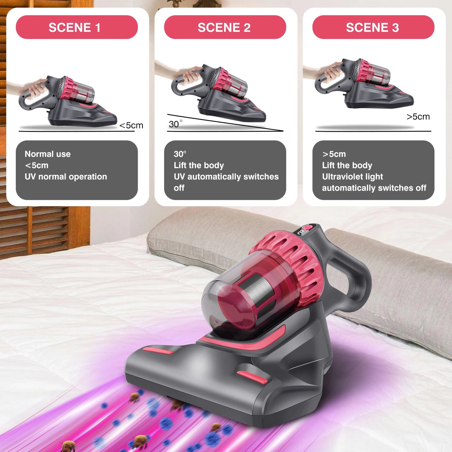 Cordless Dust Mite Removal Mattress Vacuum Cleaner 3 in 1 Home Bed Sofa Mattress with UV Light Cleaning Machine for Bed