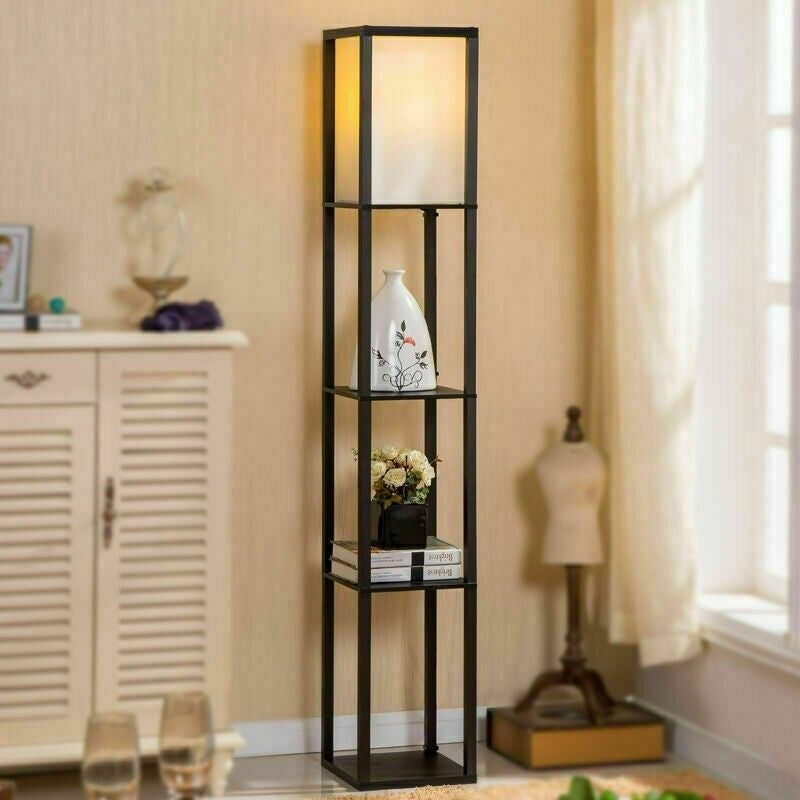 Floor Lamp Free Standing Wood 3-Tier Storage Shelf Reading Bedroom Living Room