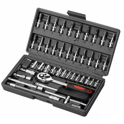 46Pcs 1/4" Drive Metric Flexible Head Ratcheting Wrench Combination Spanner Mechanic Tool Set Car Repair Tool Kit W/Black Case