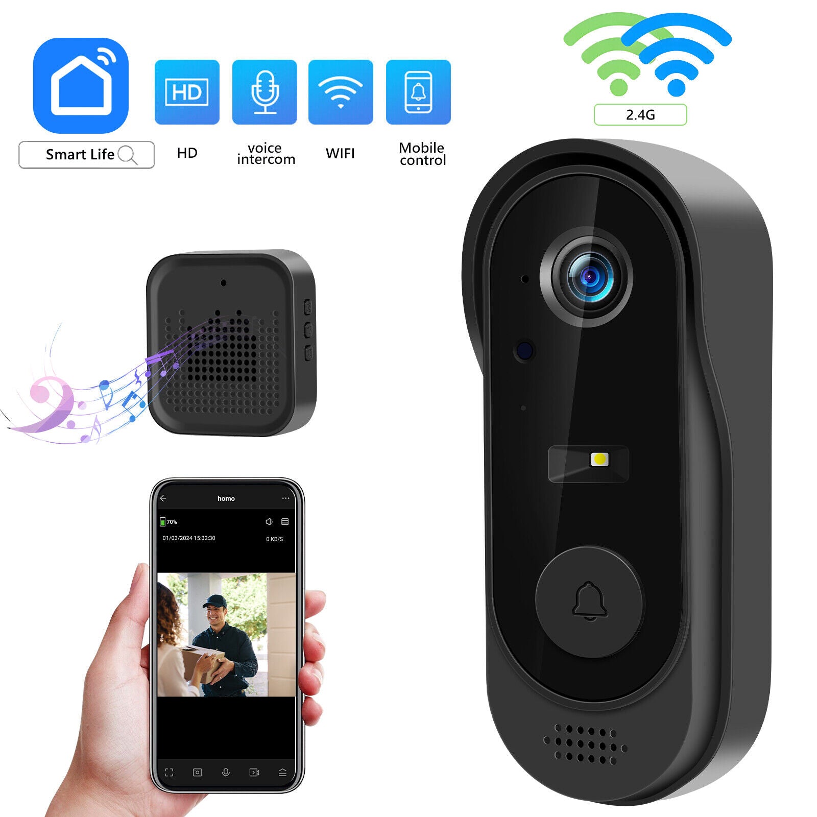 Smart Wireless Video Doorbell Phone Security Camera Wifi Door Bell Ring Intercom