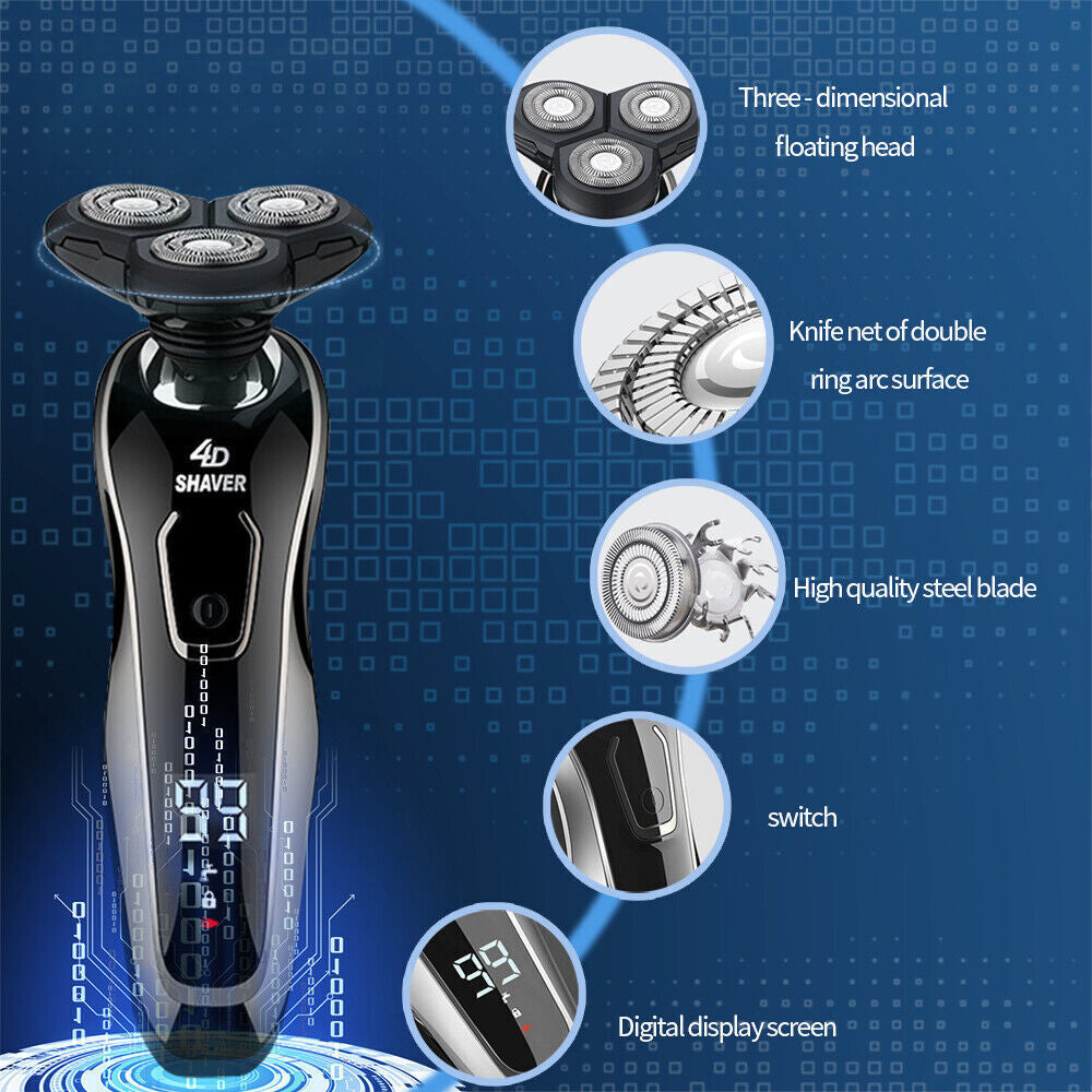 Mens Cordless Razor LCD Electric Shaver Razor Wet Dry Rotary Shaver Rechargeable