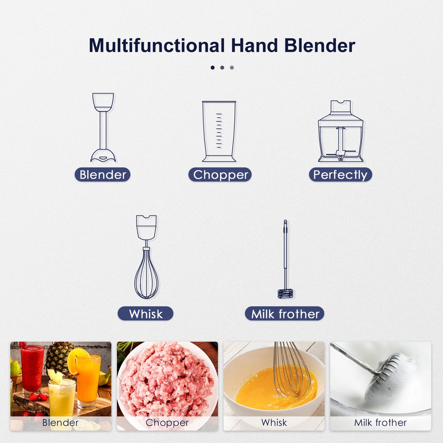 Hand Blender 1000W,  5-In-1 Electric Stick Blender, Copper Motor Stainless Steel Blade Stick Blender Mixer with Turbo Mode