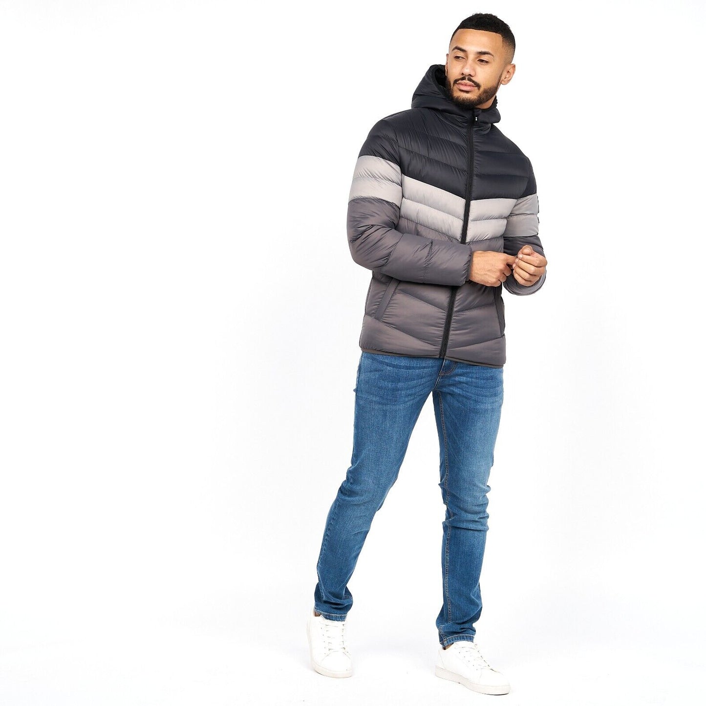 Men'S Crosshatch Mid Length Bubble Coat Padded Hooded Quilted Winter Jacket