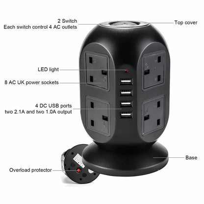 Extension 8 Way Tower Power Lead USB Multi Socket Surge Protected Socket UK