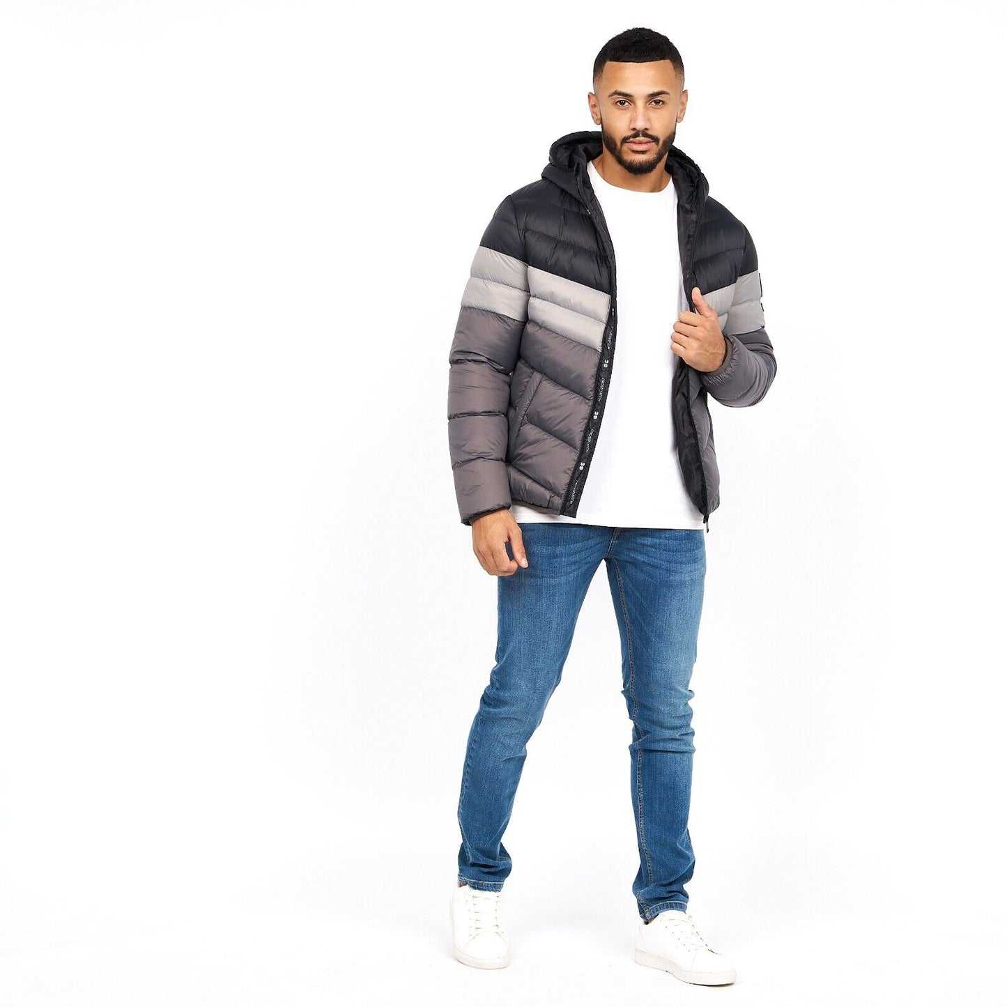 Men'S Crosshatch Mid Length Bubble Coat Padded Hooded Quilted Winter Jacket